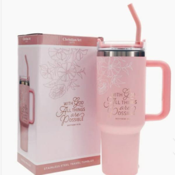 With God All Things Are Possible Pink Large Stainless Steel Mug with Handle and straw